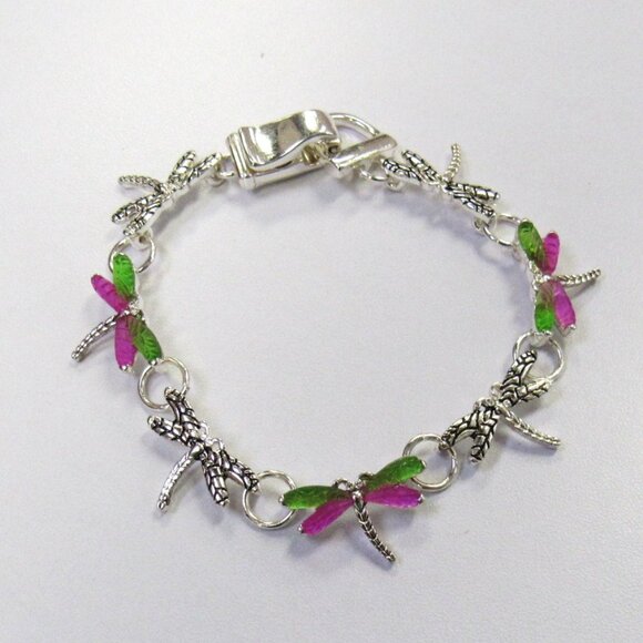 Silver Plated Pink & Green Dragonfly Charm Bracelet Magnetic Clasp New - Picture 2 of 4